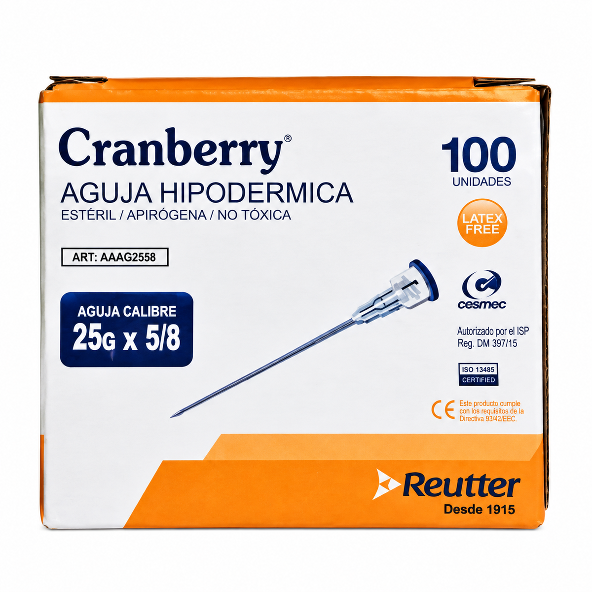 Aguja Cranberry 25G x 5/8, caja 100 unidades, fondo blanco