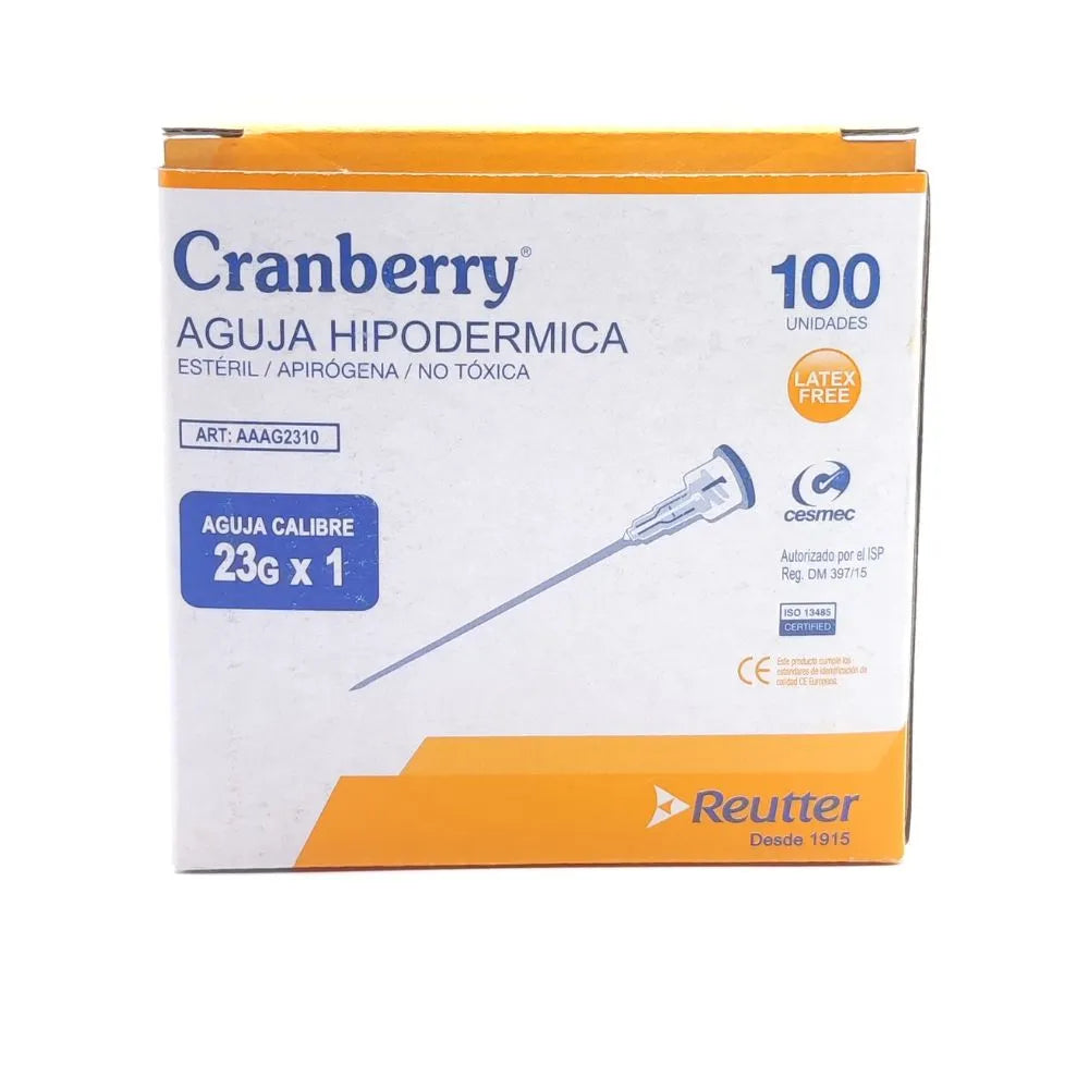 Agujas hipodérmicas Cranberry 23G x 1 pulgada — caja de 100 unidades
