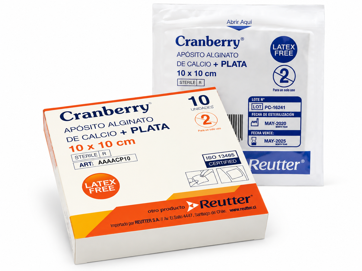 Apósito alginato de calcio más plata Cranberry 10 x 10 cm, caja de 10 unidades