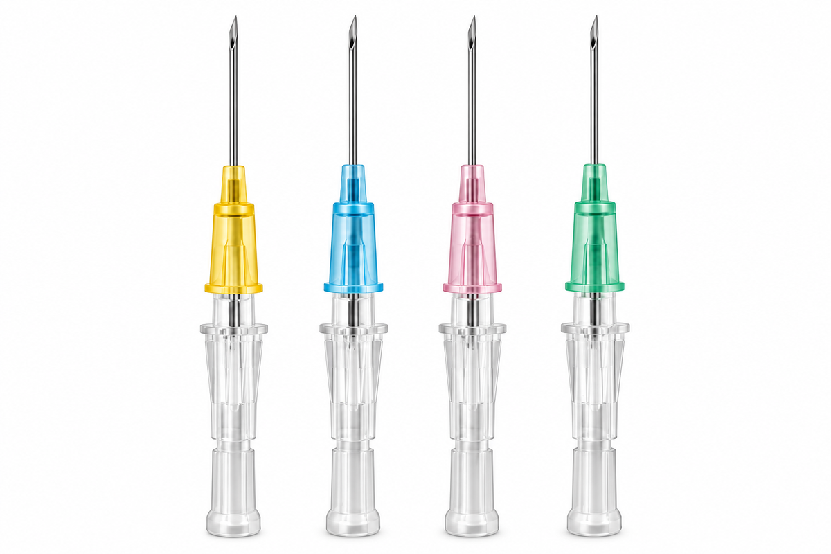 Catéter intravenoso 18G verde, 20G rosado, 22G azul y 24G amarillo